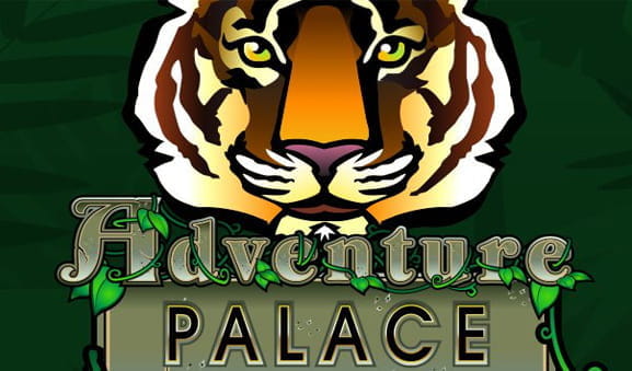 Adventure Palace slot cover, green background with the face of a tiger and the title of the machine.