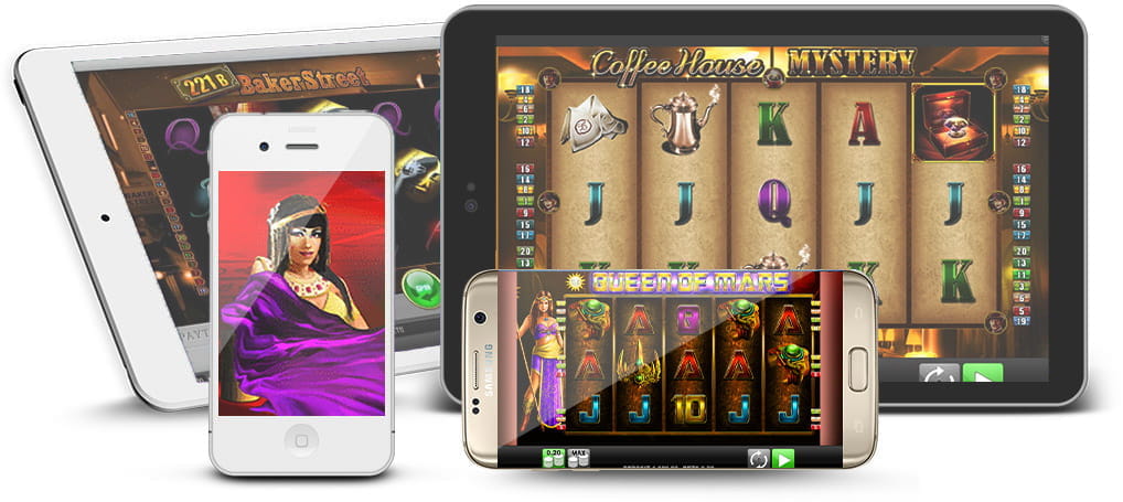 Various phones and tablets with casino slots from Merkur Gaming.