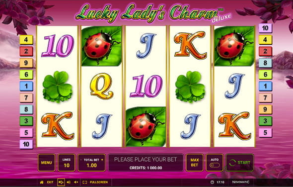 Play the Lucky Lady's Charm deluxe slot from Novoline for online casinos.