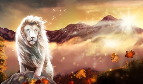 White King slot cover, with a white lion on a rock and with snowy peaks in the background.