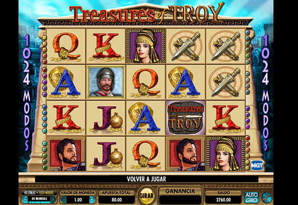 IGT's Troy's Treasures slot screen, on which its five reels, four rows and some of its main symbols appear. The word 1204 modes appears on the sides of the screen.