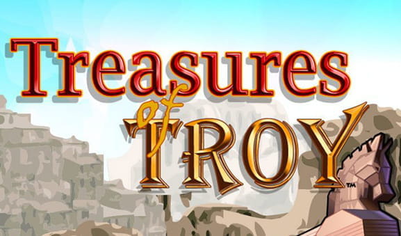 Cover of IGT's Treasures of Troy slot with the name of the game and the famous Trojan Horse in the lower right corner.