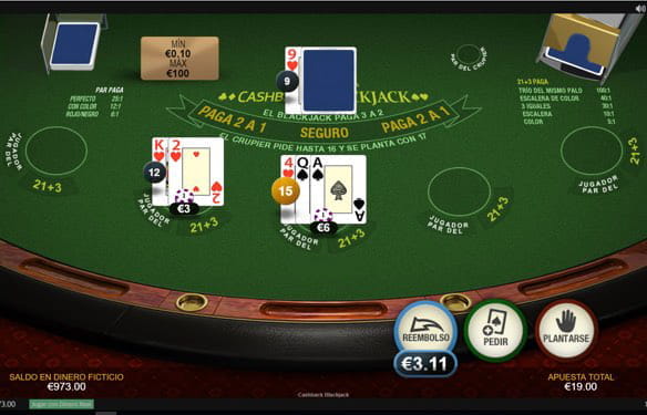 Blackjack table with 5 slots available for betting. The player has only bet on two. One of his hands adds 15 and the other, 3. The dealer has a 9 of hearts face up and another hole card.