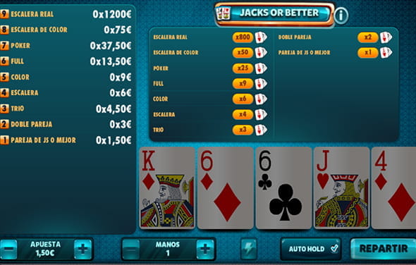 The Jacks or Better video poker machine from Red Rake with a 5-card hand.