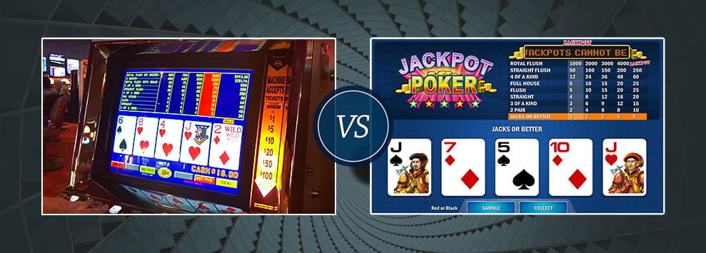 Two facing images of a video poker machine in a physical casino and another in an online operator.