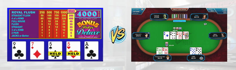 Comparison of a video poker machine and an online poker table.