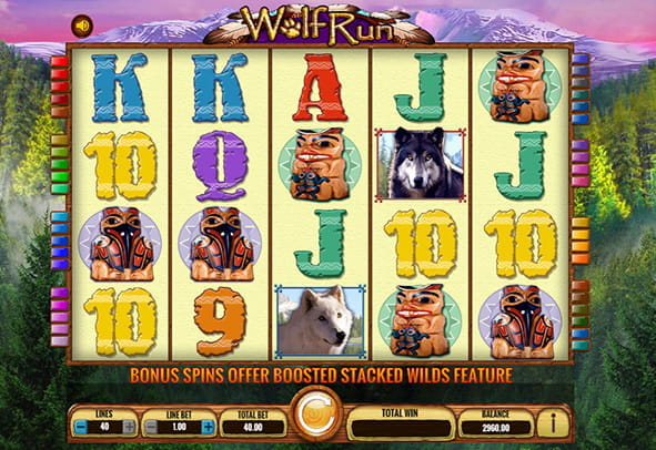 IGT's Wolf Run slot screen with its five reels and four rows, all set in the lush North American forests.