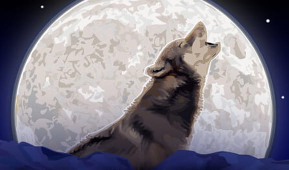 A wolf howling at a huge full moon, the logo of the Wolf Run slot developed by IGT.
